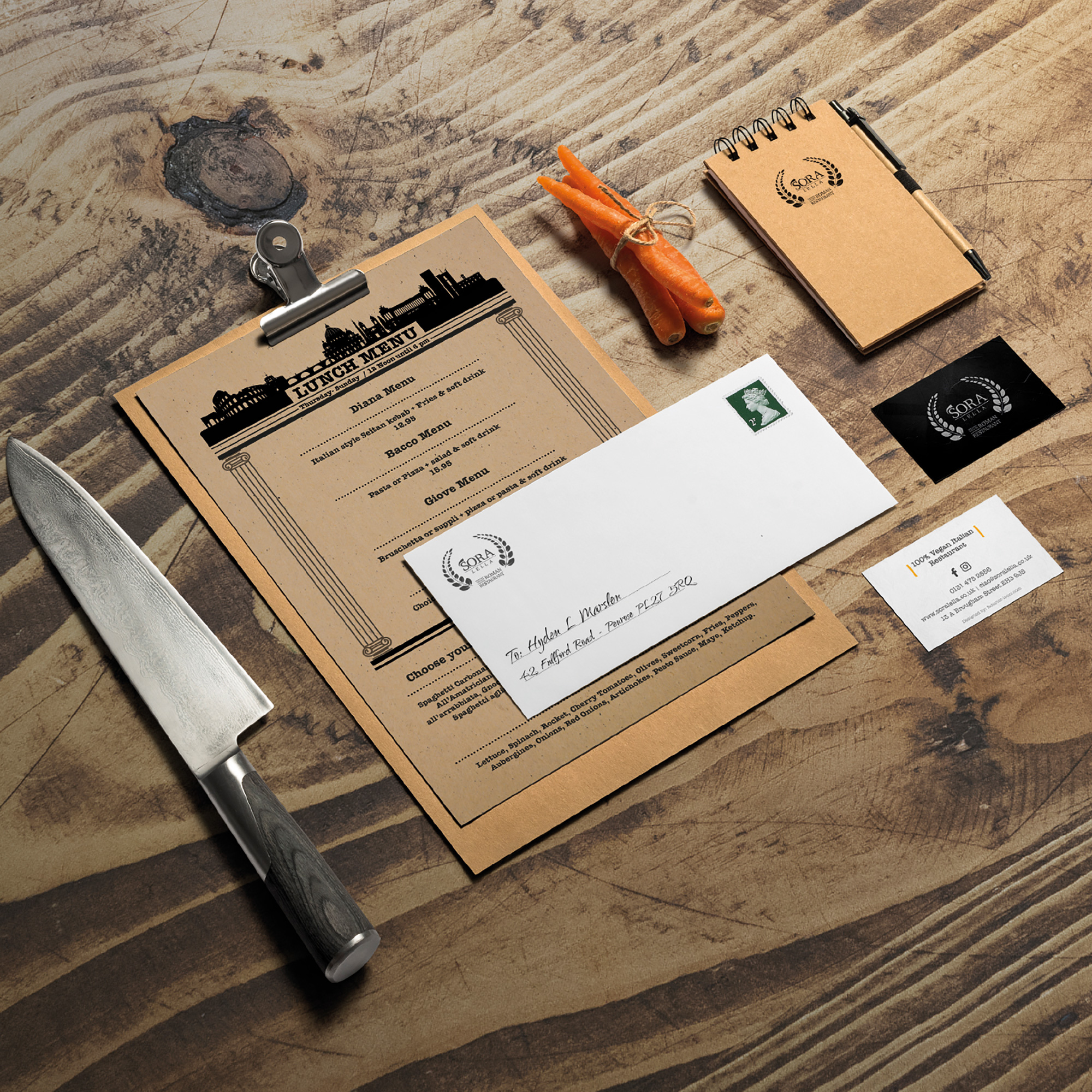 Sora Lella - Vegan Roman Restaurant - menus and business cards